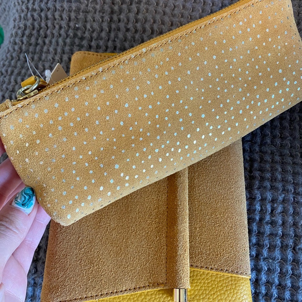 NWT Anthropologie Yellow Suede Notebook and Pencil Case Set
